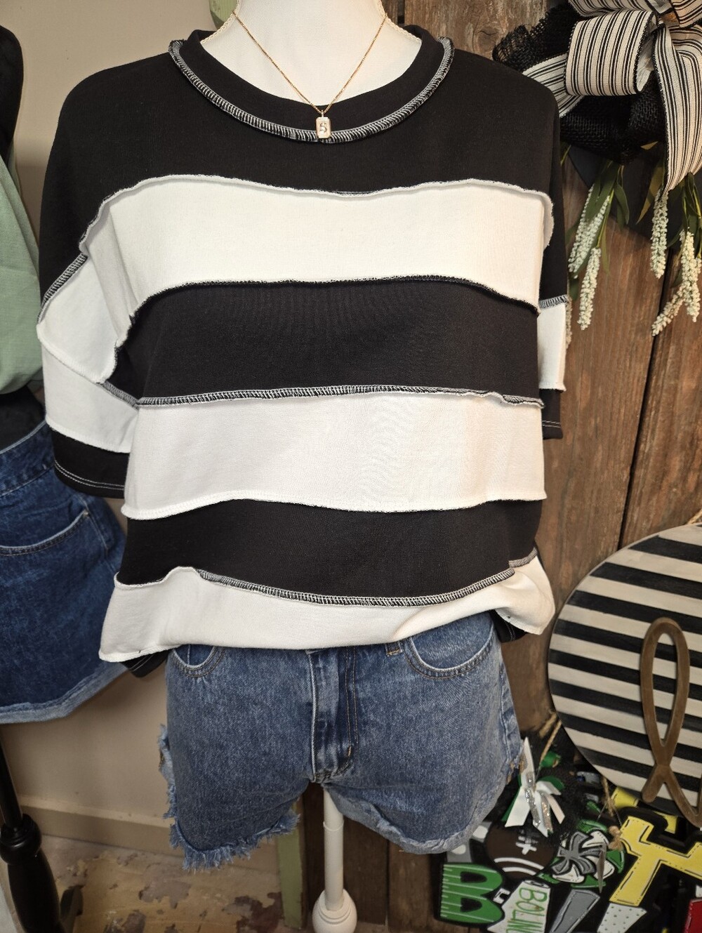 Zenana Black & White Striped Short Sleeve Top